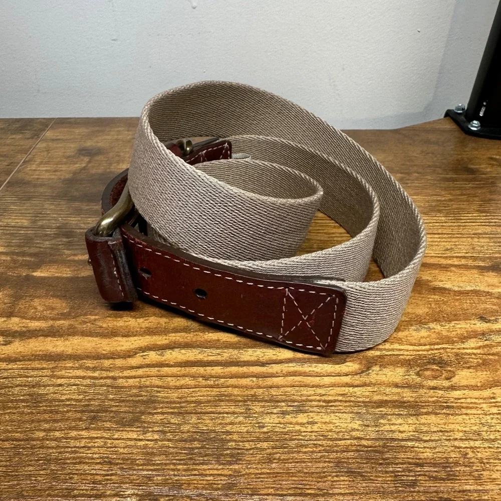 Orvis Mens Canvas and Leather Belt Brown Khaki Brass Buckle Made in USA Size 38